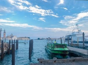 A boat docked on the main canal in Venice